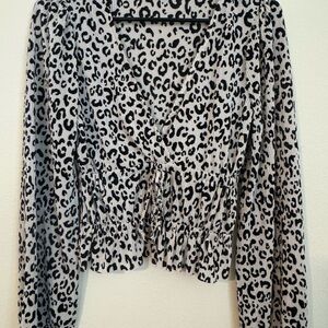 Zara Black and Cream Leopard-Print Wrap Blouse